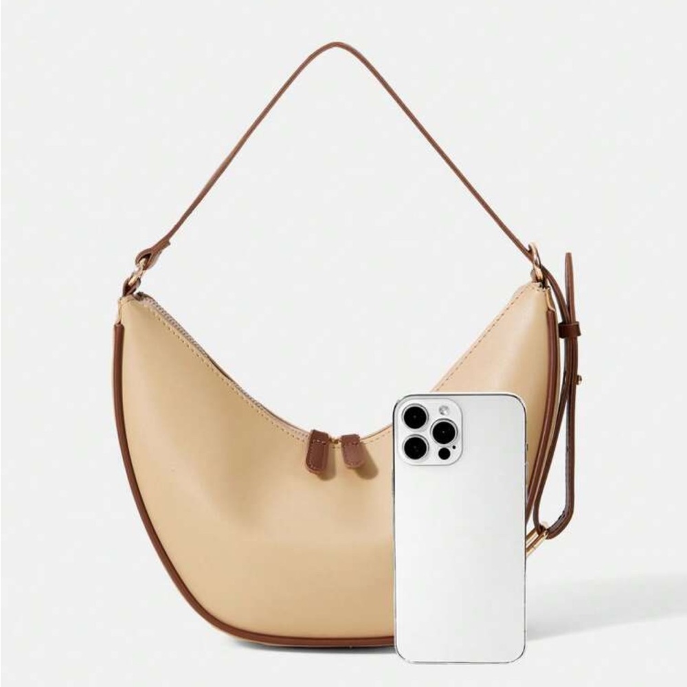 Beige handbag shoulder bag purse with brown contrast lining - faux leather - Picture 3 of 10